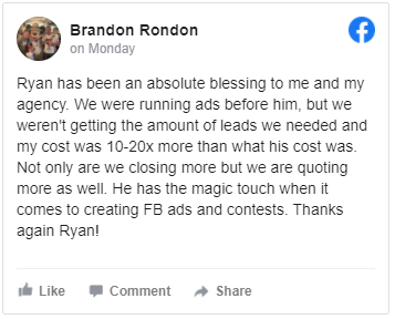 Brandon Rondon Facebook review — closing more and quoting more with 10-20x lower cost