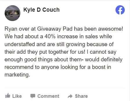 Kyle D Couch Facebook review — 40% increase in sales while understaffed